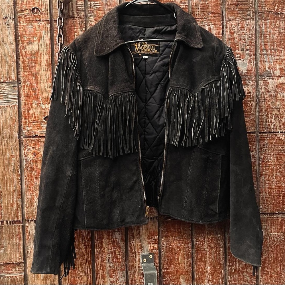 Vintage Black Leather Fringe Jacket by Branded Garments Inc.